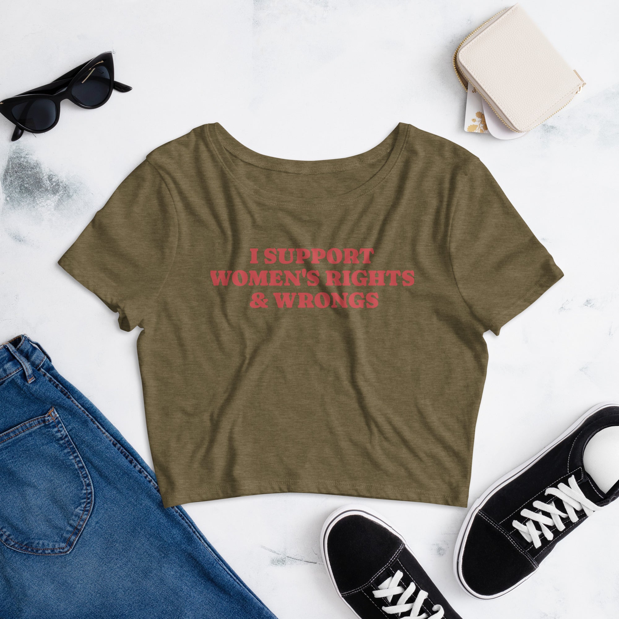 I Support Women's Rights and Wrongs crop tee, side view — Rose Gold Co