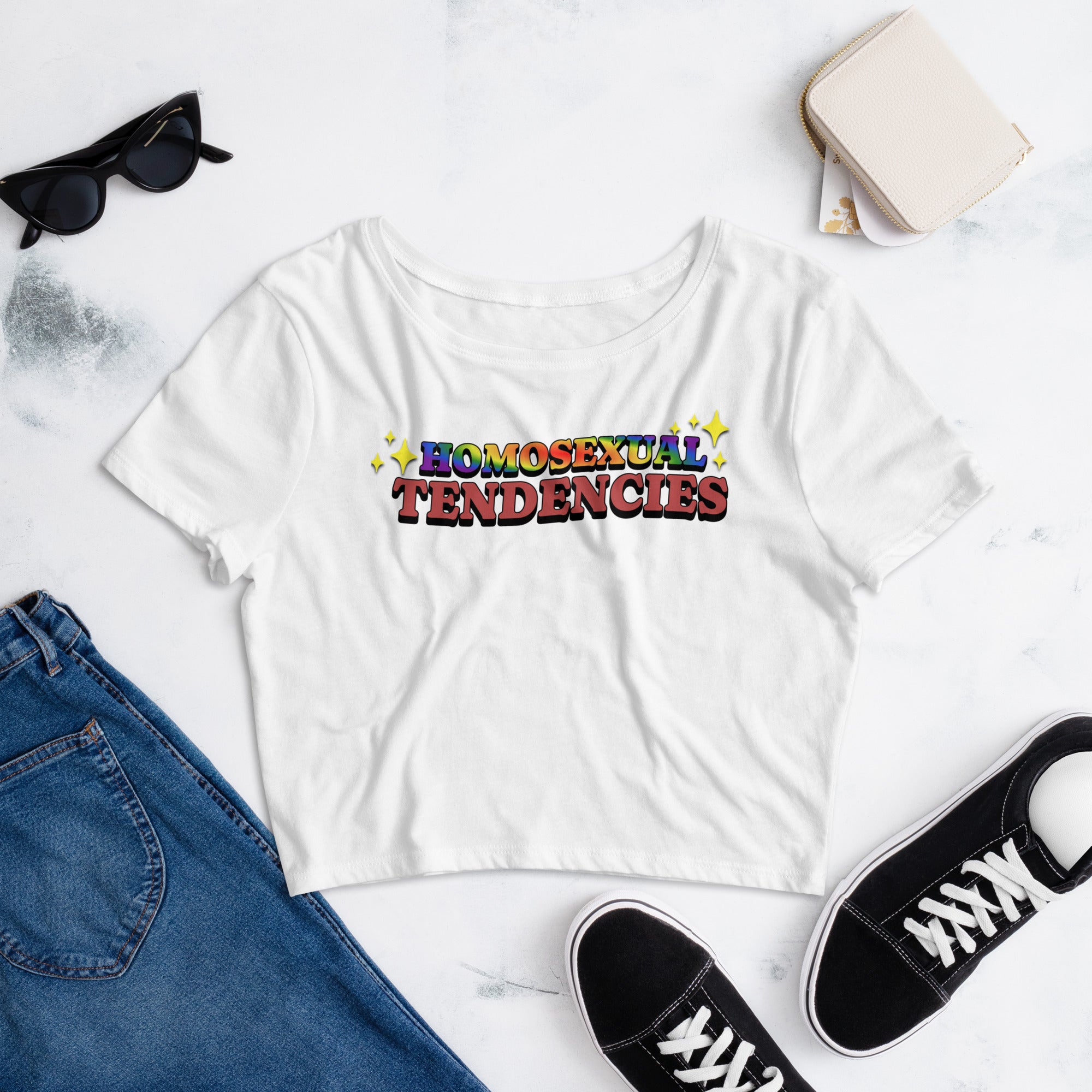 Homosexual Tendencies crop tee, side view — Rose Gold Co