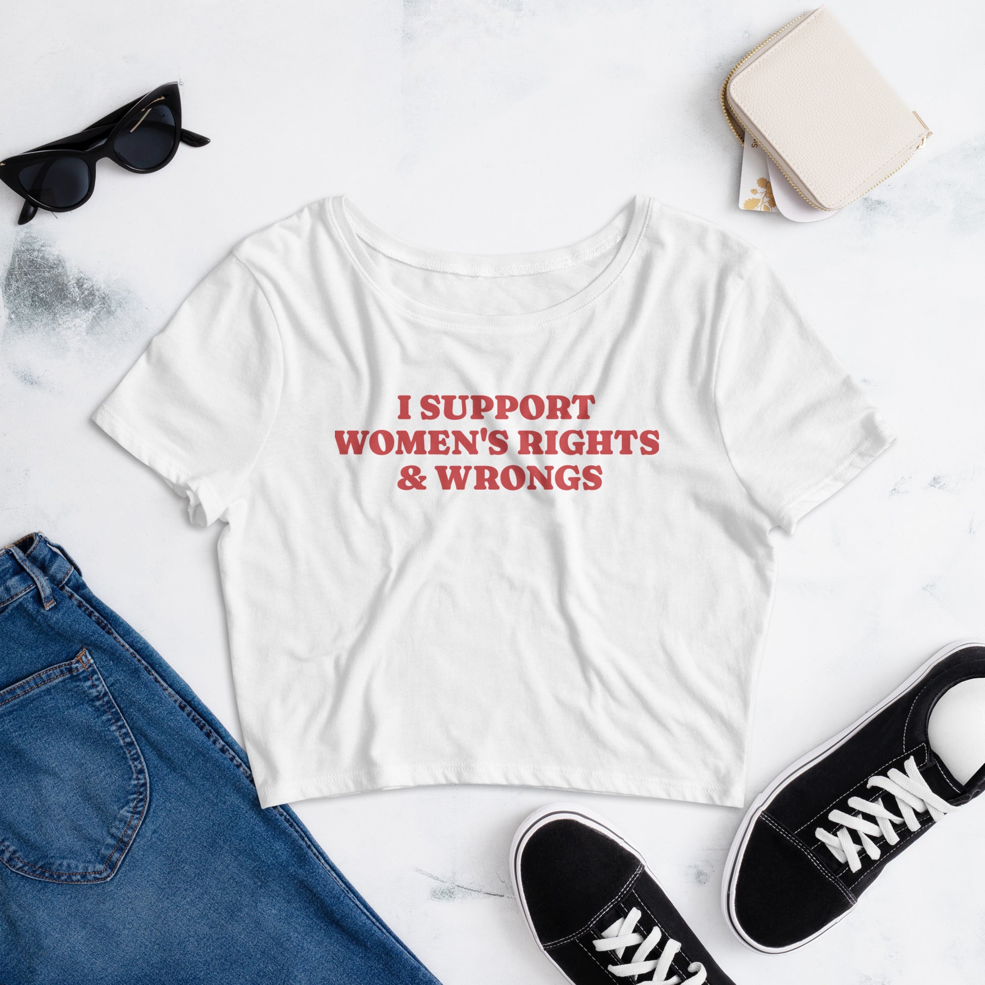 I Support Women's Rights and Wrongs crop tee, detail view — Rose Gold Co