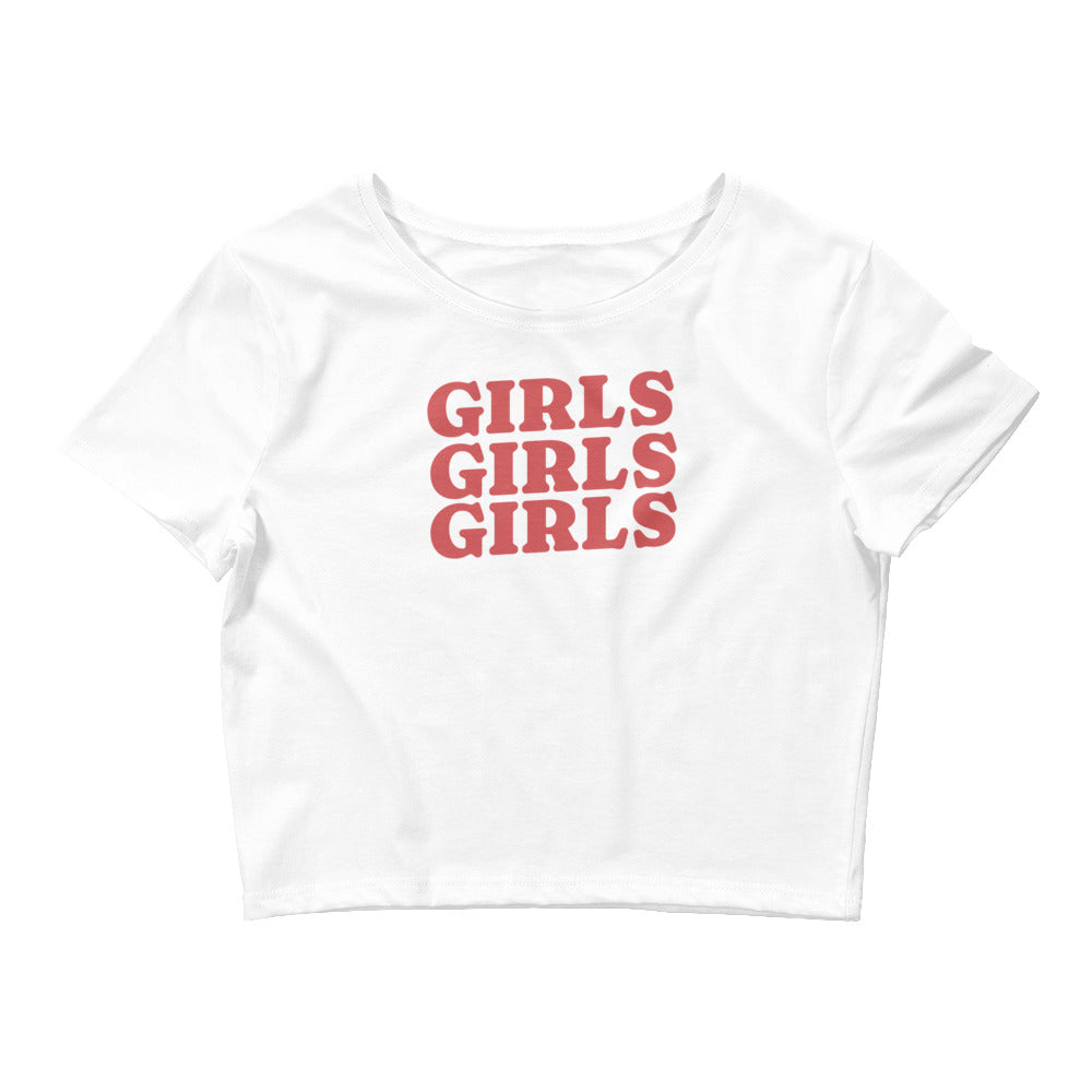 Girls Girls Girls crop tee, side view — Rose Gold Co