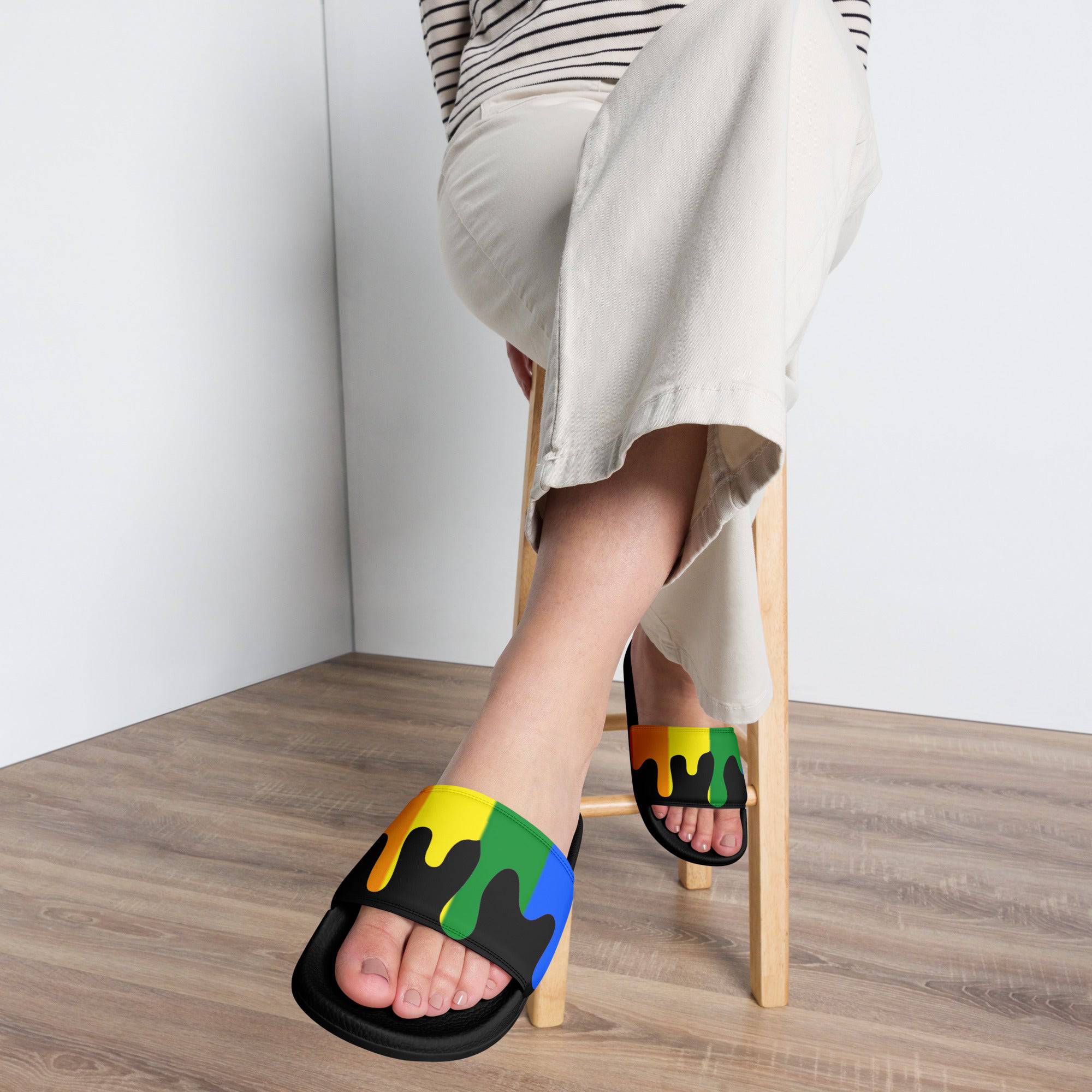 Rainbow melting pride flag women's slides, view 3 — Rose Gold Co