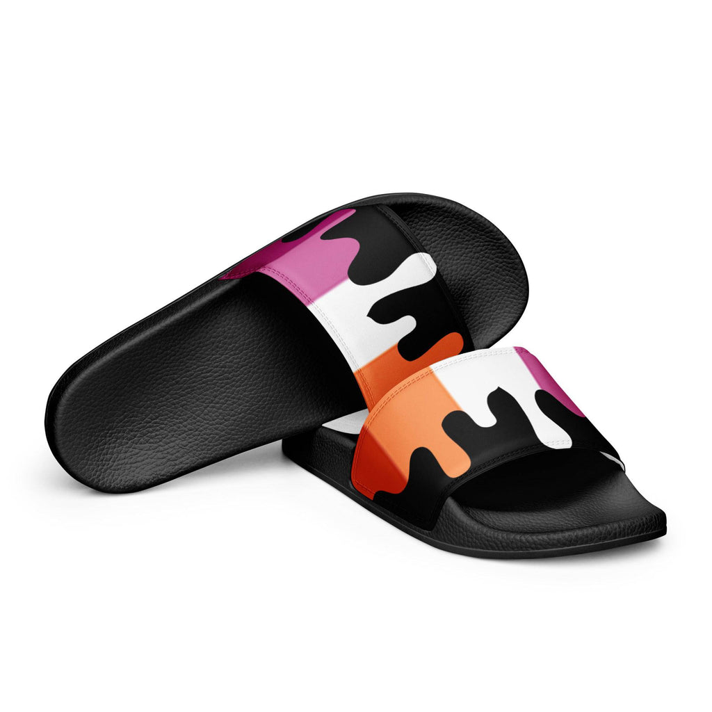 Lesbian melting pride flag women's slides, front view — Rose Gold Co