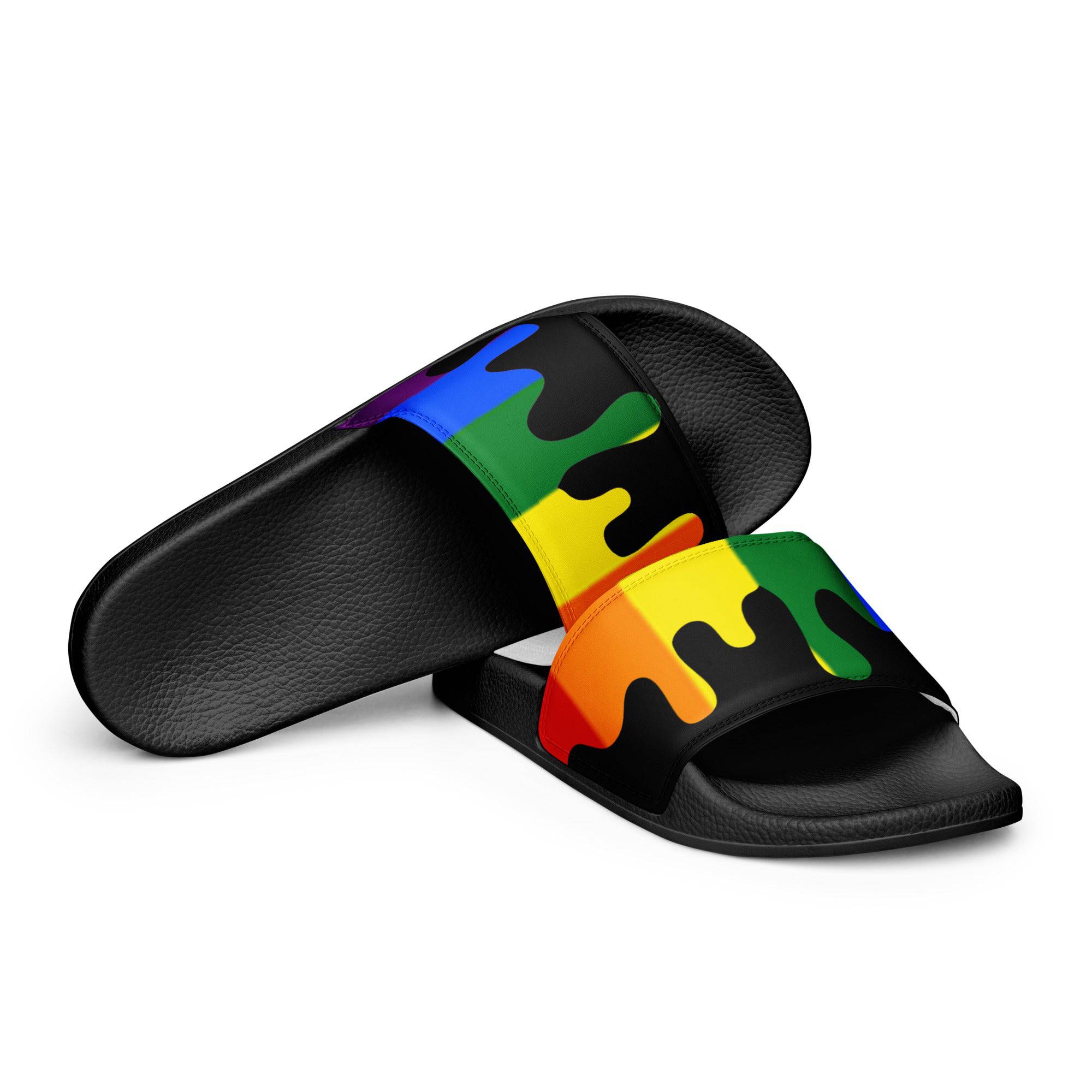 Rainbow melting pride flag women's slides, front view — Rose Gold Co