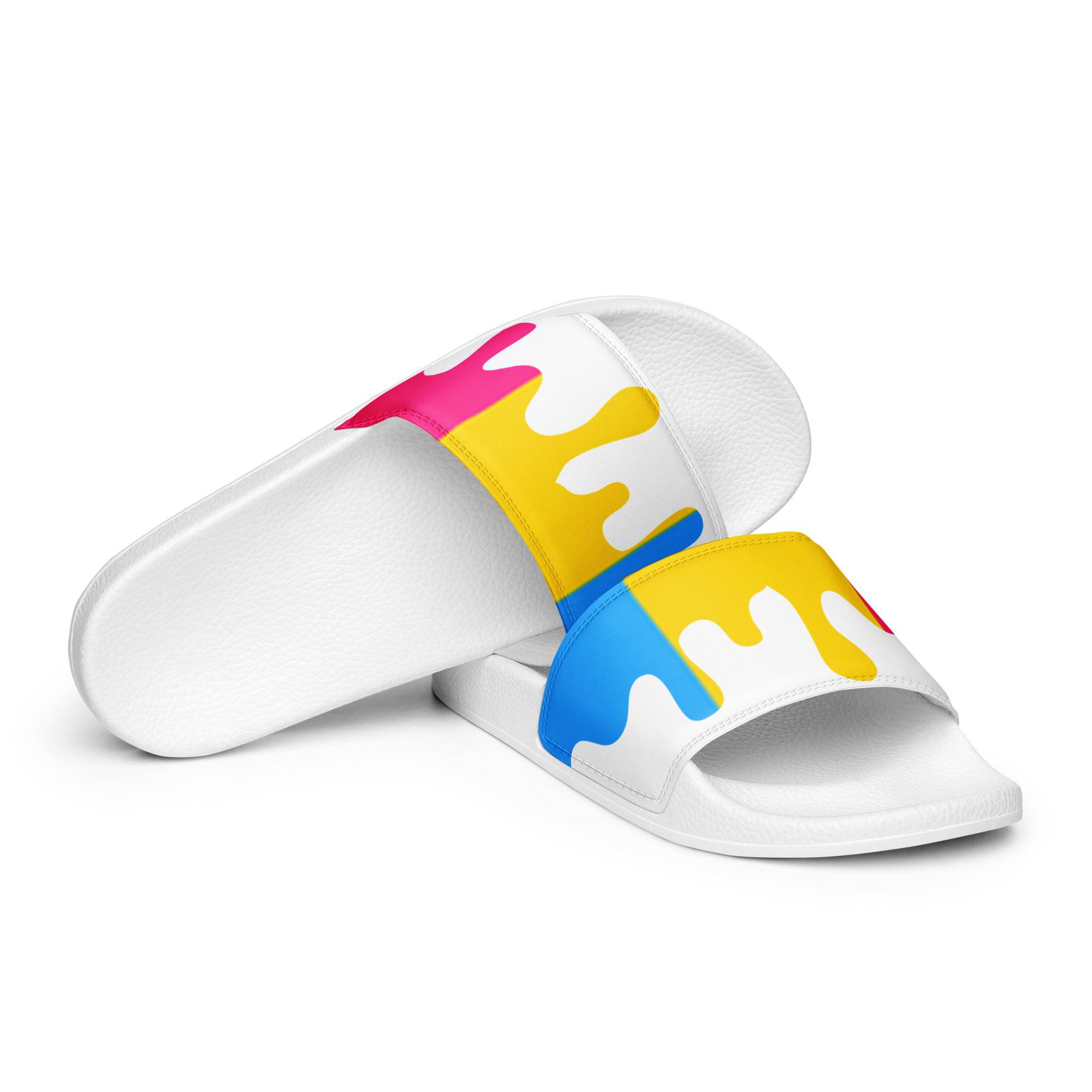 Pansexual melting pride flag women's slides, front view — Rose Gold Co
