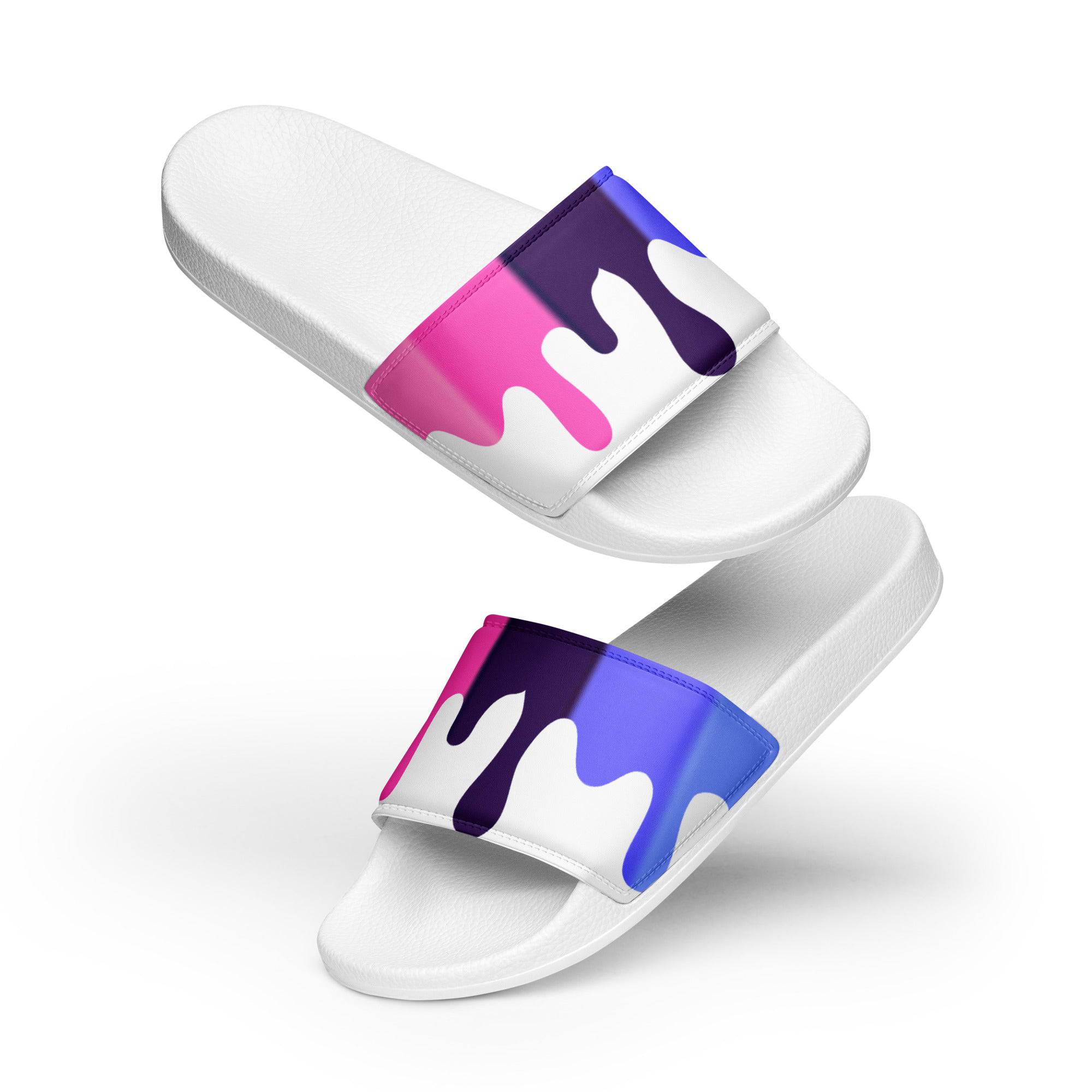 Omni melting pride flag women's slides, front view — Rose Gold Co