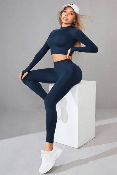 Mock Neck Long Sleeve Top and Pants Active Set - Rose Gold Co. Shop