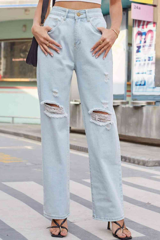 Baeful Distressed Straight Leg Jeans with Pockets - Rose Gold Co. Shop