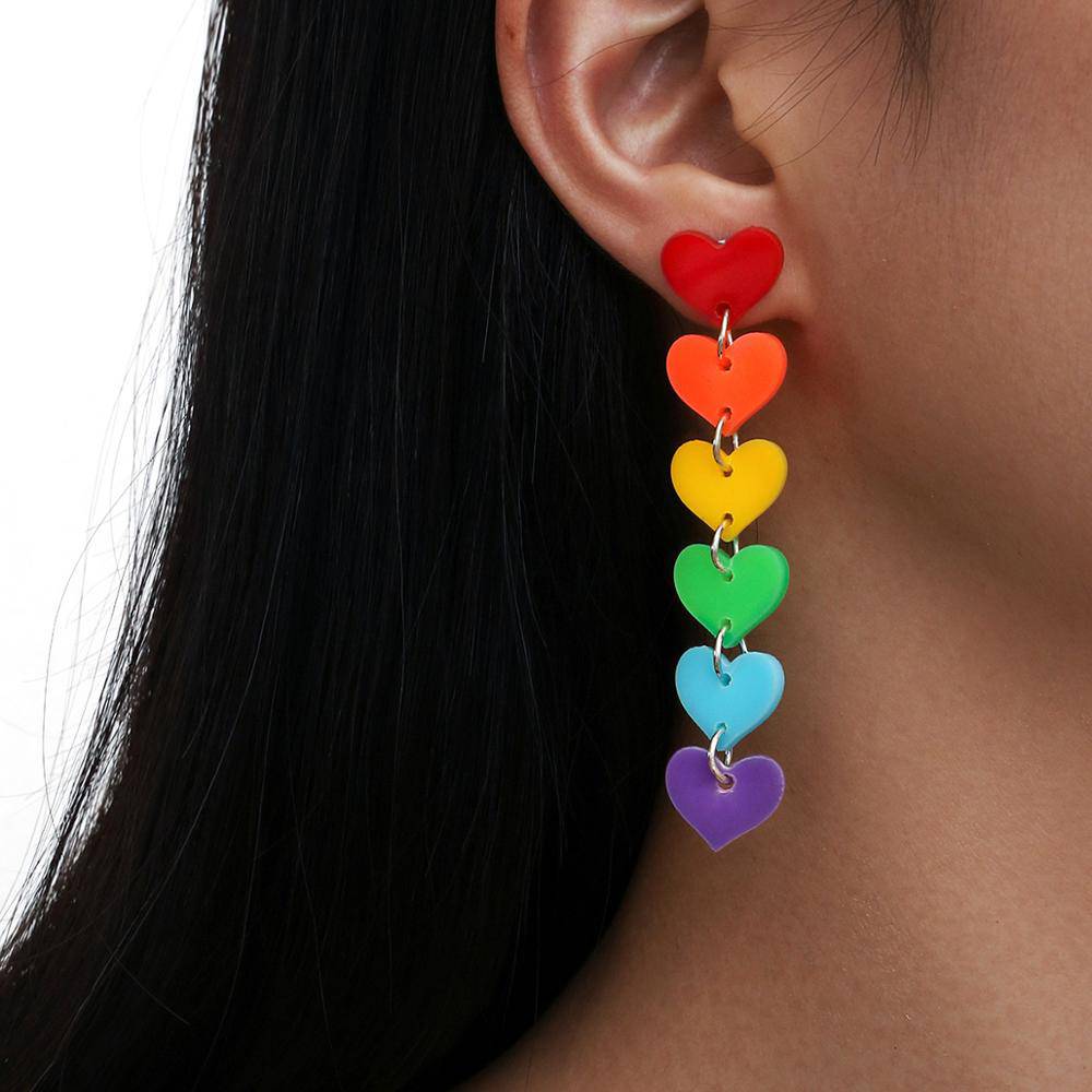 Rainbow Acrylic Dangle Heart Earrings