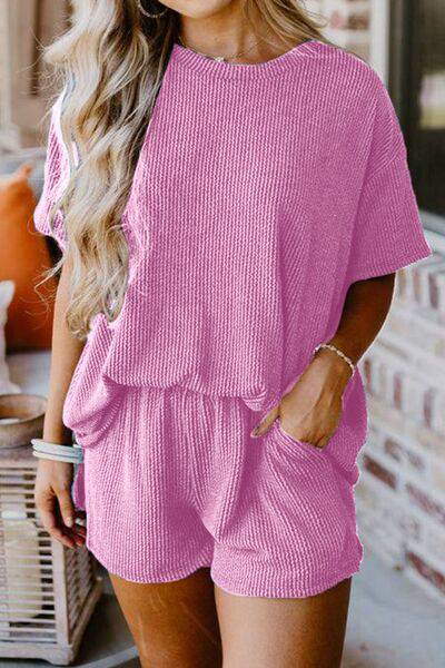 Round Neck Top and Pocketed Shorts Set - Rose Gold Co. Shop