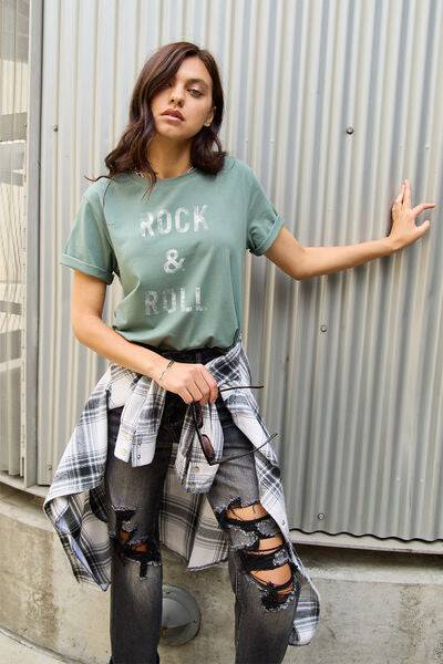 Simply Love Full Size ROCK & ROLL Short Sleeve T-Shirt - Rose Gold Co. Shop