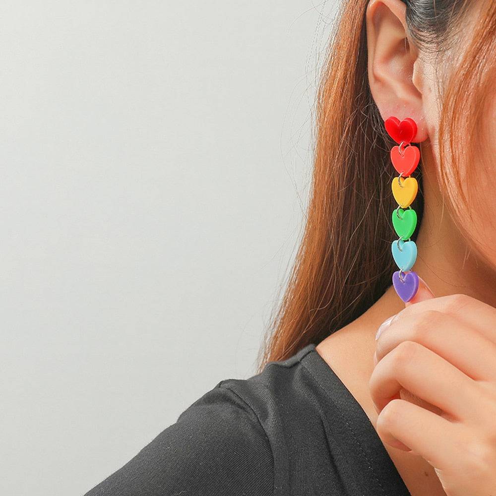 Rainbow Acrylic Dangle Heart Earrings