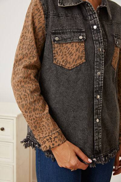 Leopard Raw Hem Pocketed Denim Jacket - Rose Gold Co. Shop