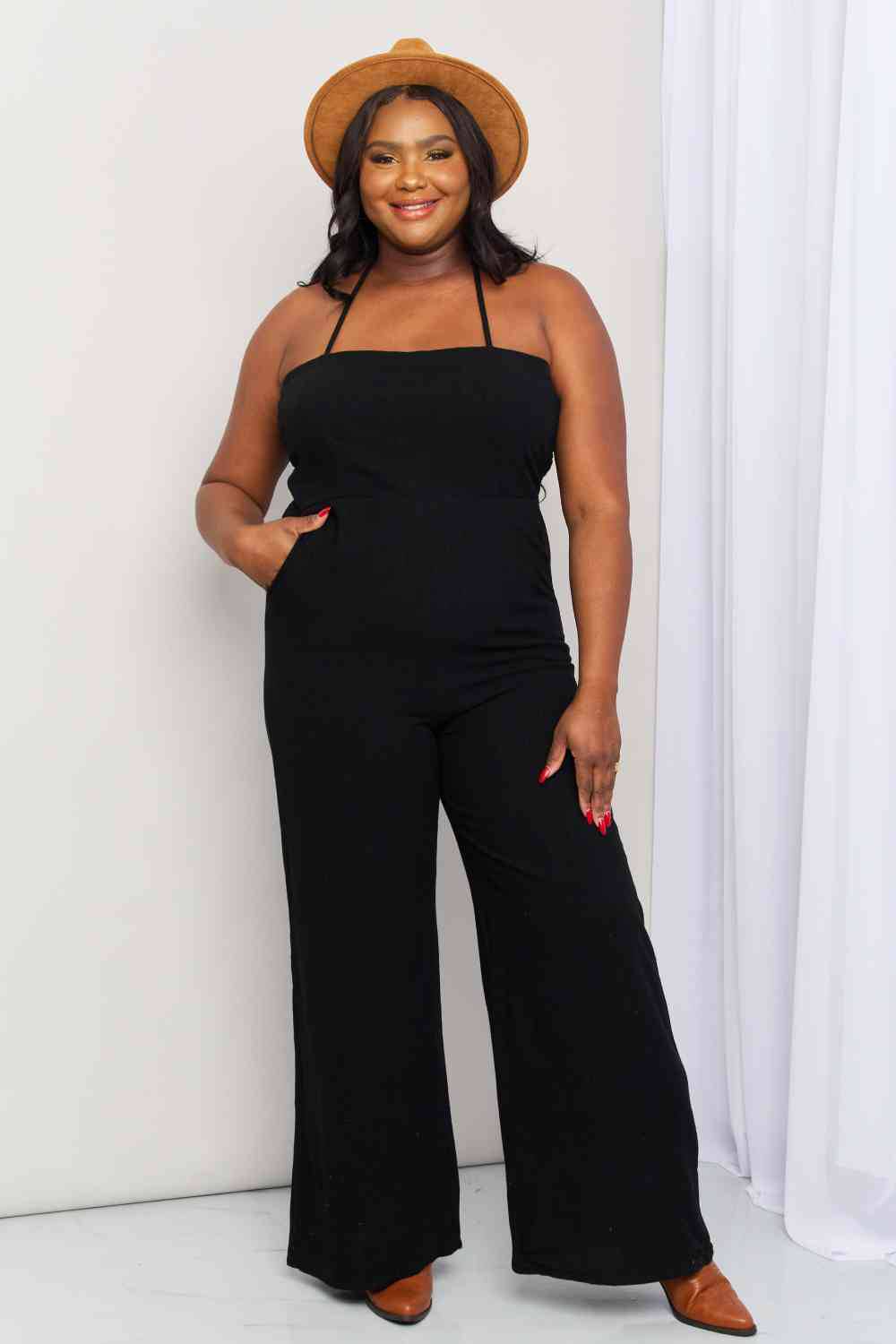 White Birch Full Size Halter Neck Wide Leg Jumpsuit with Pockets - Rose Gold Co. Shop