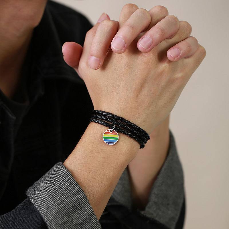 Braided Leather Stryle Bracelet with Rainbow Charm