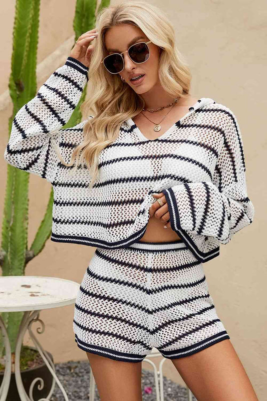 Striped Openwork Knit Hoodie and Shorts Set - Rose Gold Co. Shop