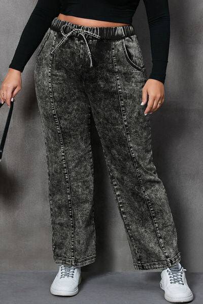 Plus Size Drawstring Pocketed Straight Jeans