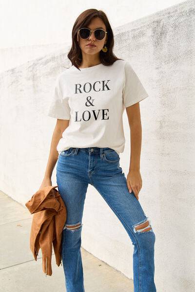 Simply Love Full Size ROCK ＆ LOVE Short Sleeve T-Shirt - Rose Gold Co. Shop