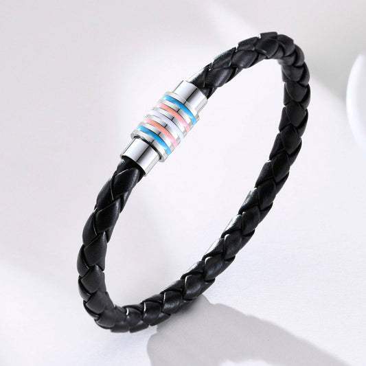 Transgender Pride Flag on a stainless steel bead, connected to a braided braclet