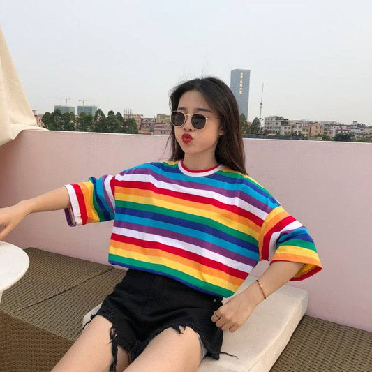 Rainbow Striped Oversized T-shirt - Rose Gold Co. Shop