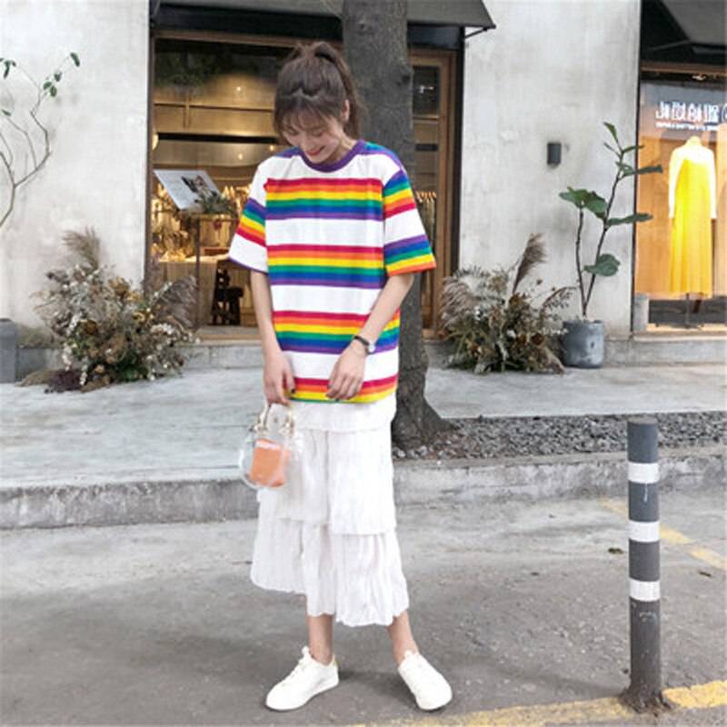 Rainbow and White Color Stripes Loose Half-Sleeved T-Shirt - Rose Gold Co. Shop