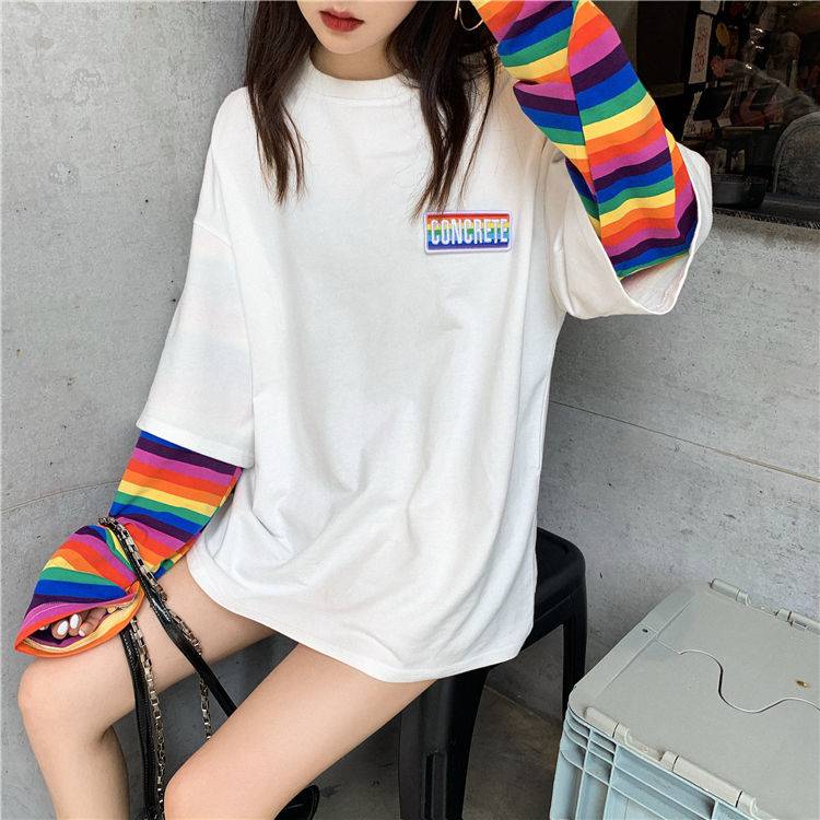 Autumn rainbow stripe two-piece long-sleeved t-shirt - Rose Gold Co. Shop