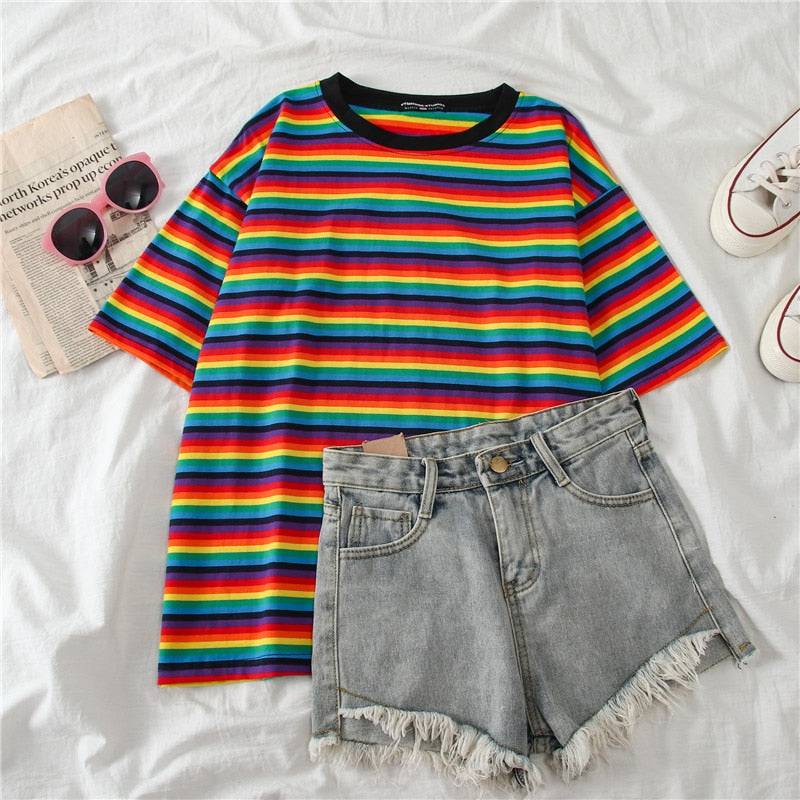 rainbow striped shirt paired with jean shorts
