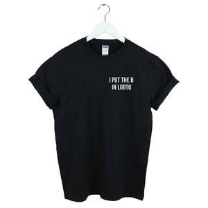 I Put the B in LGBTQ bisexual pocket tee, view 2 — Rose Gold Co