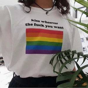 Kiss Whoever Tf You Want rainbow graphic tee, view 3 — Rose Gold Co