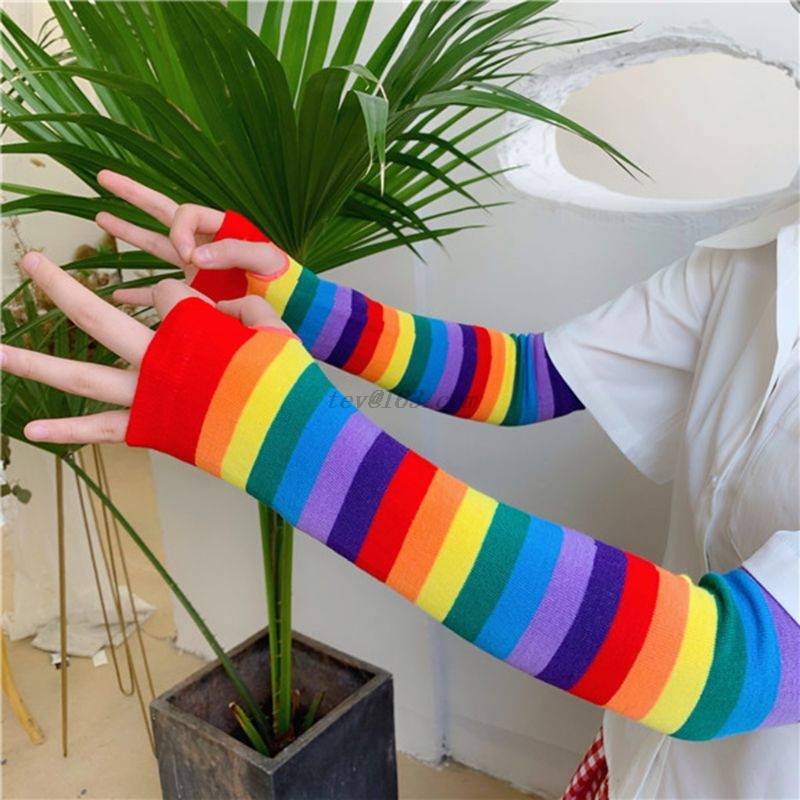 Elbow Length Rainbow Fingerless Gloves
