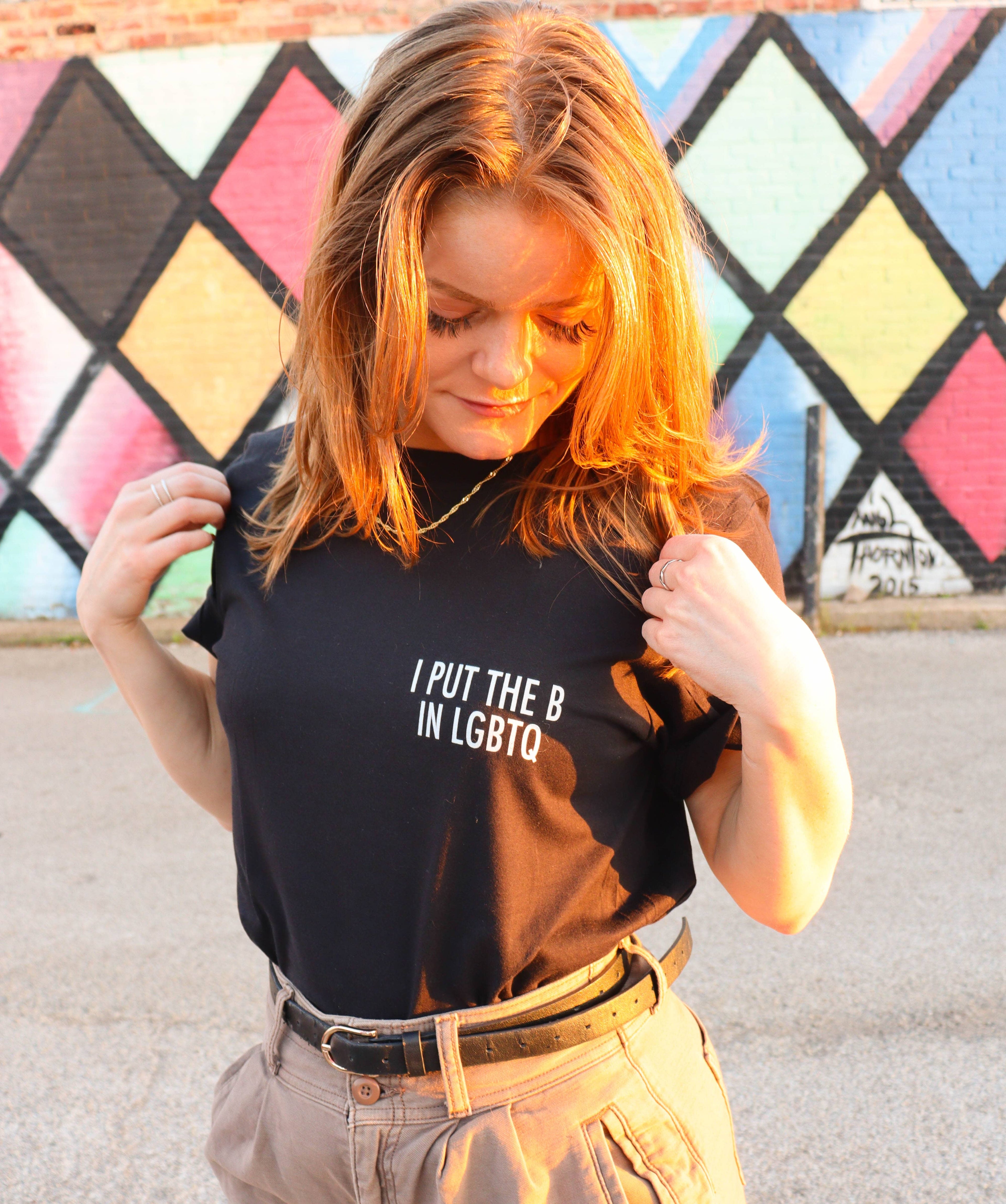 I Put the B in LGBTQ bisexual pocket tee, front — Rose Gold Co