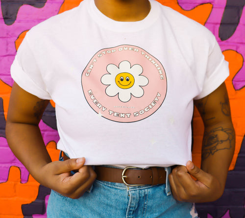 I Can't Stop Overthinking Every Text Club tee, front — Rose Gold Co