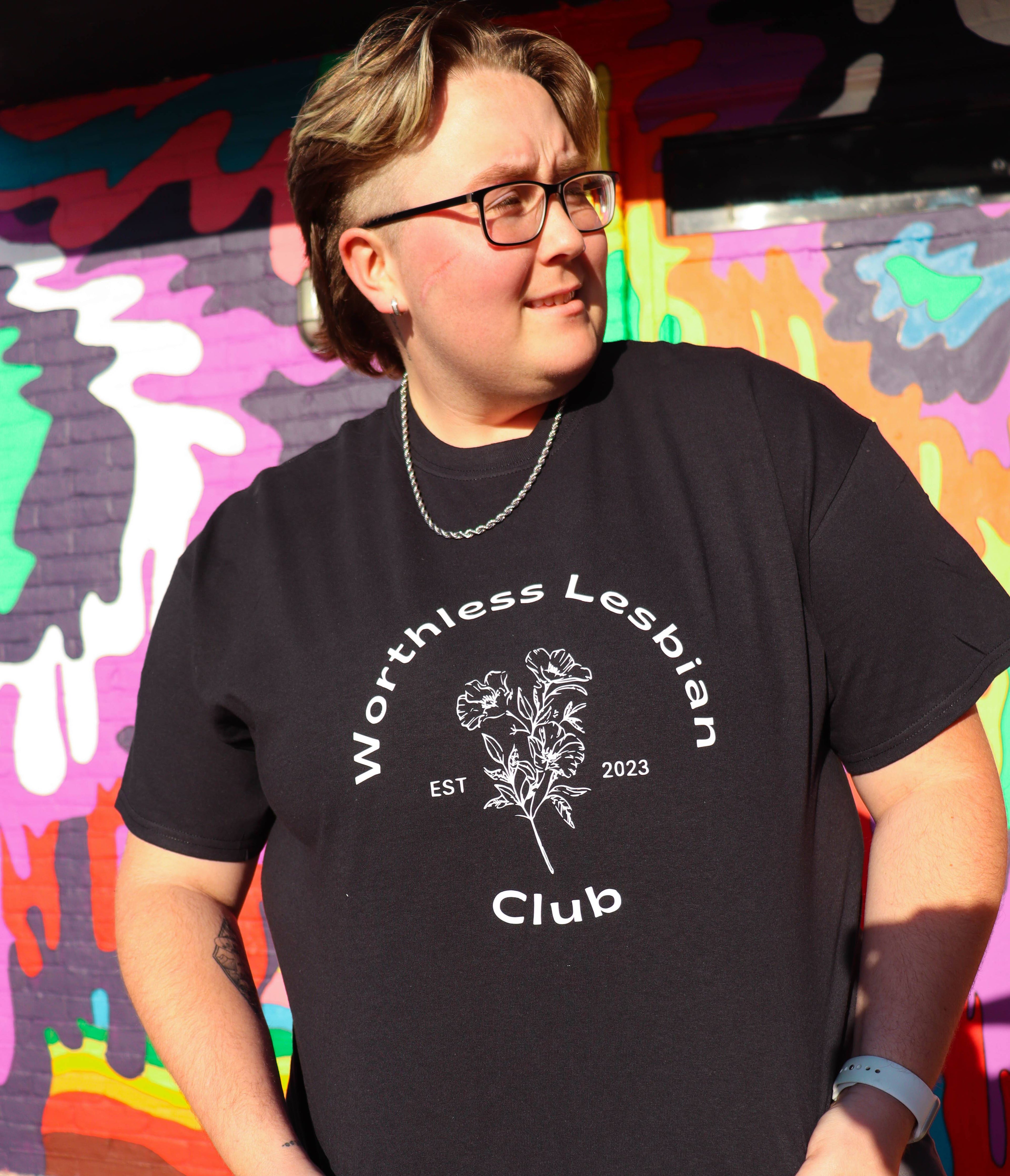 Worthless Lesbian Club tee, front — Rose Gold Co