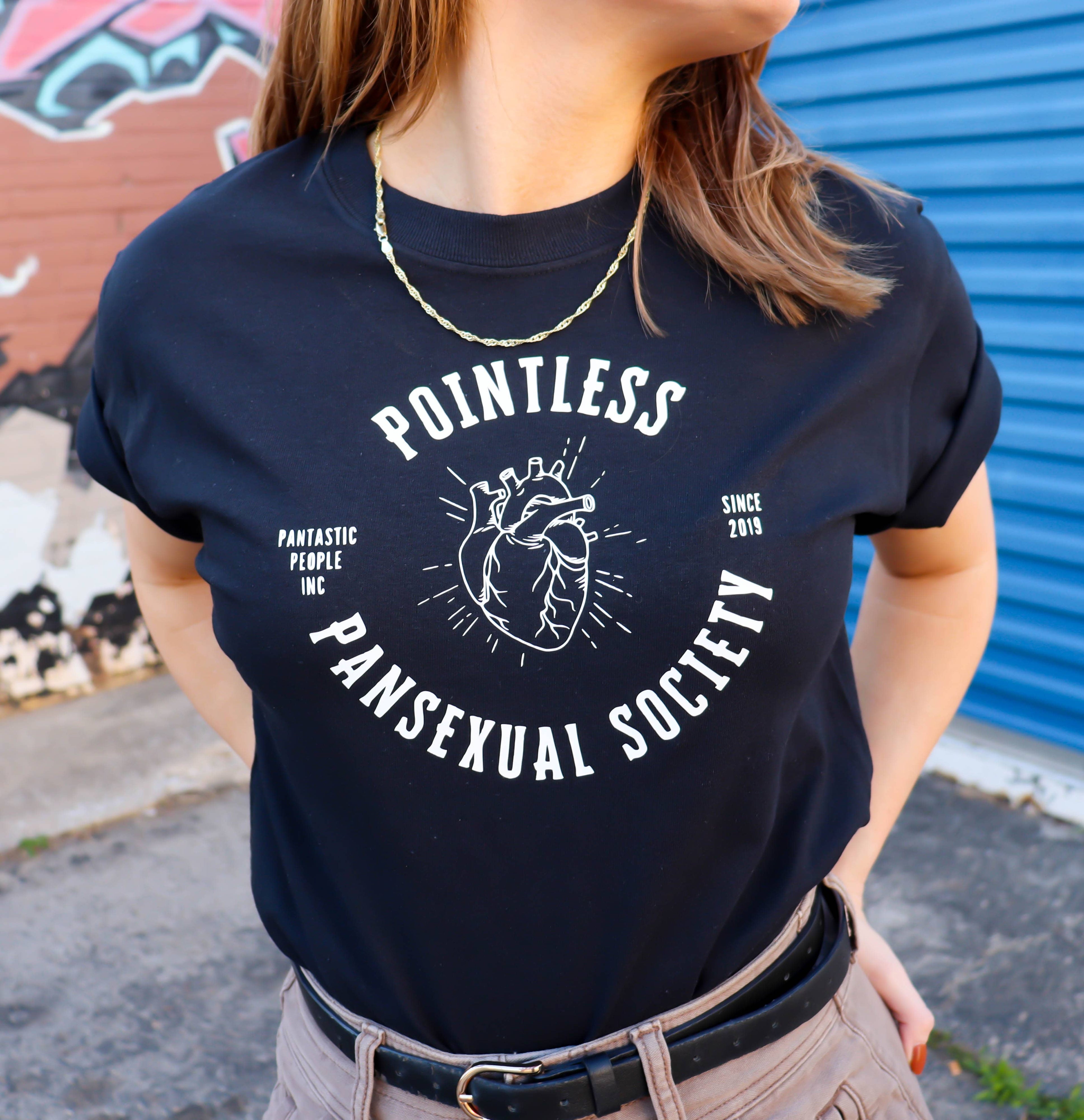 Pointless Pansexual Society Club tee, view 5 — Rose Gold Co