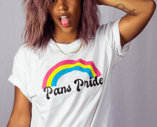 Pansexual pride classic rainbow tee, front — Rose Gold Co