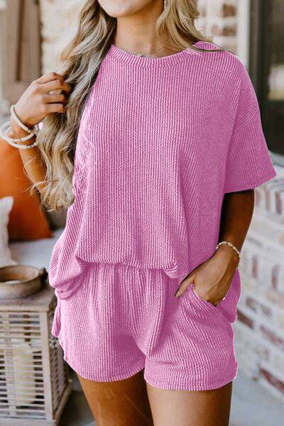 Round Neck Top and Pocketed Shorts Set - Rose Gold Co. Shop