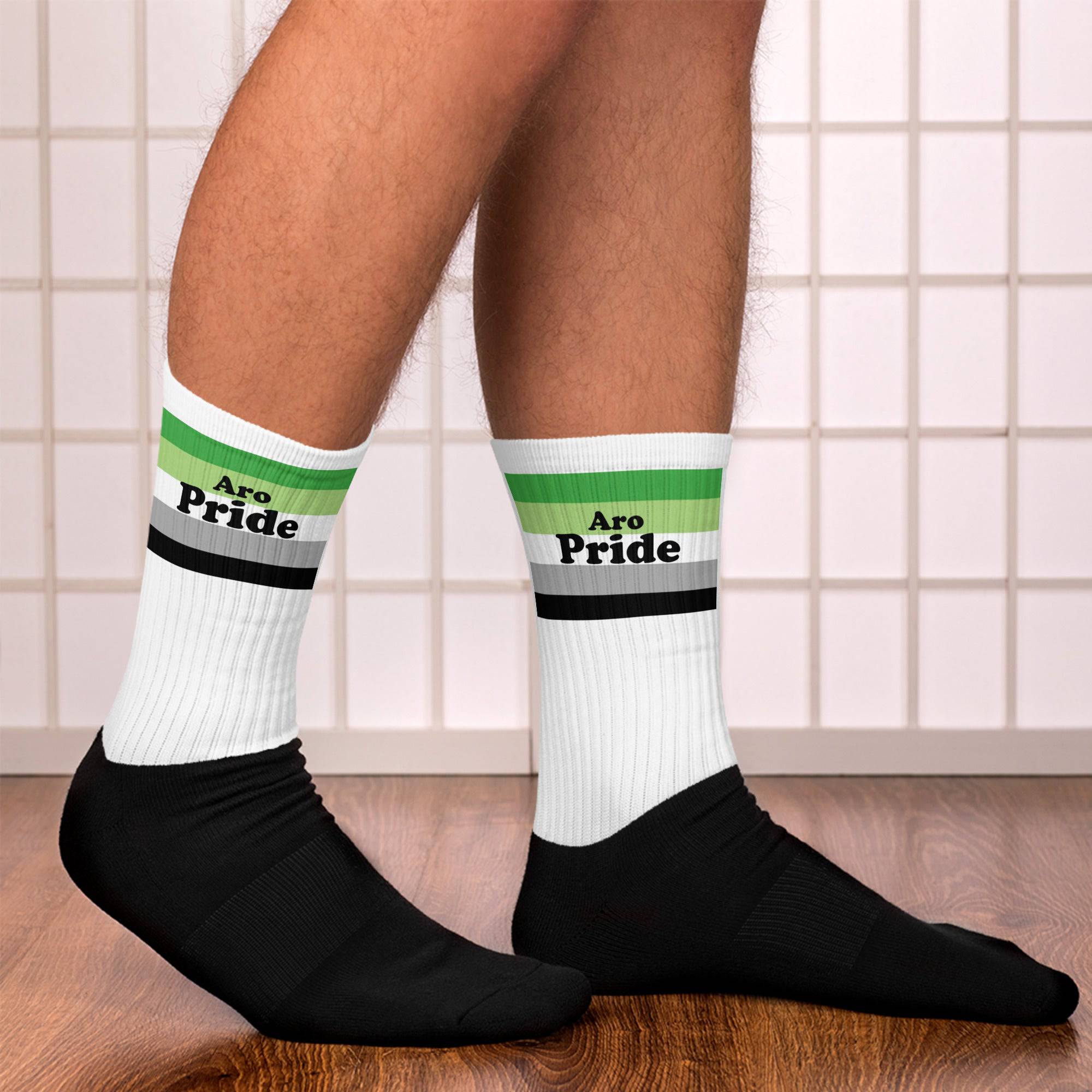 Aromantic pride flag crew socks, front — Rose Gold Co