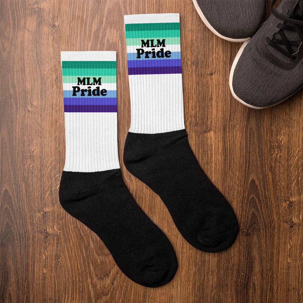 MLM pride flag crew socks, front — Rose Gold Co