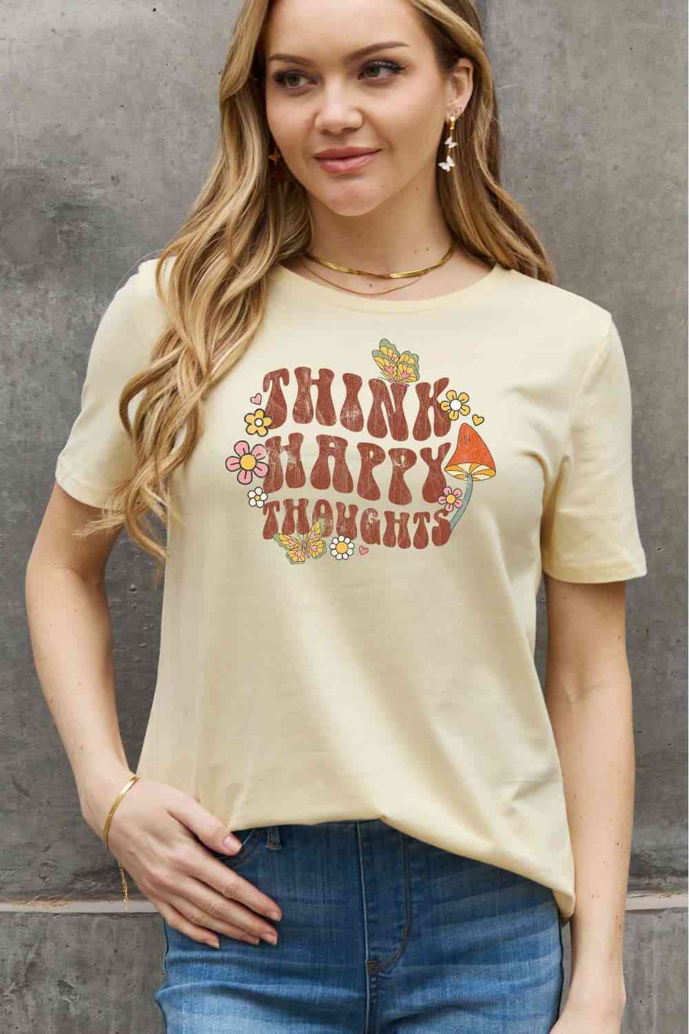 Simply Love Full Size THINK HAPPY THOUGHTS Graphic Cotton Tee - Rose Gold Co. Shop