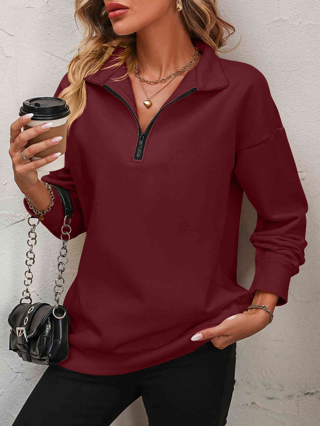 Zip-Up Dropped Shoulder Sweatshirt - Rose Gold Co. Shop