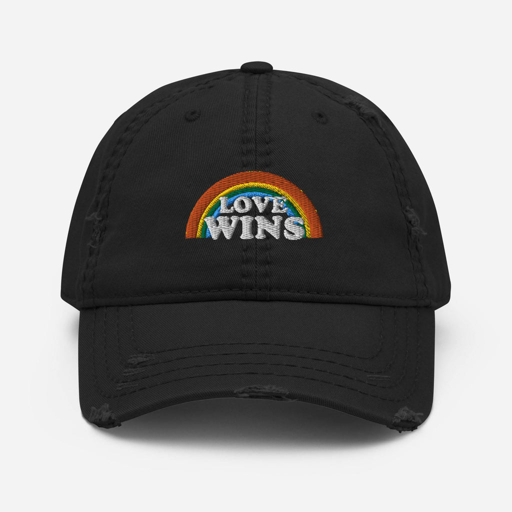 Love Wins distressed embroidered dad hat, front — Rose Gold Co