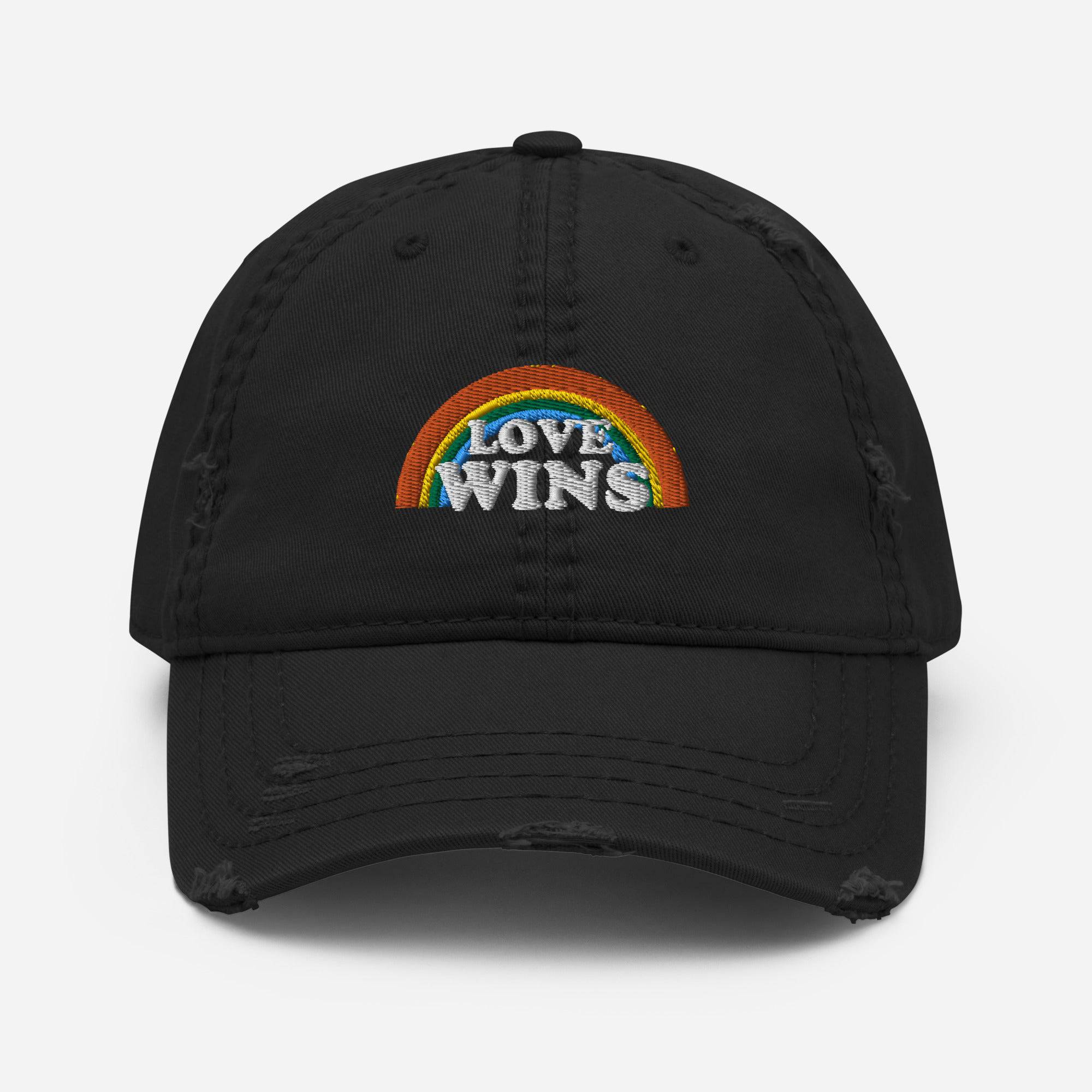 Love Wins distressed embroidered dad hat, front — Rose Gold Co
