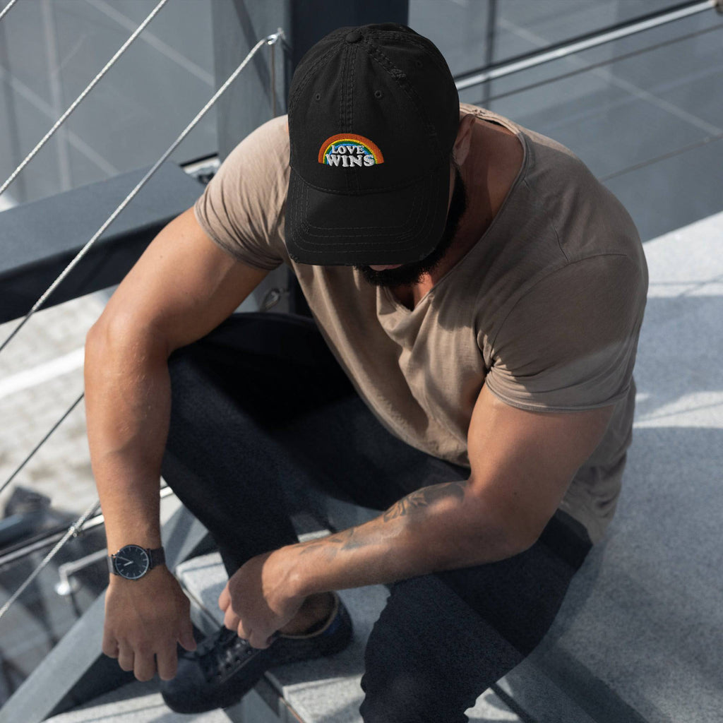 Love Wins distressed embroidered dad hat, view 2 — Rose Gold Co