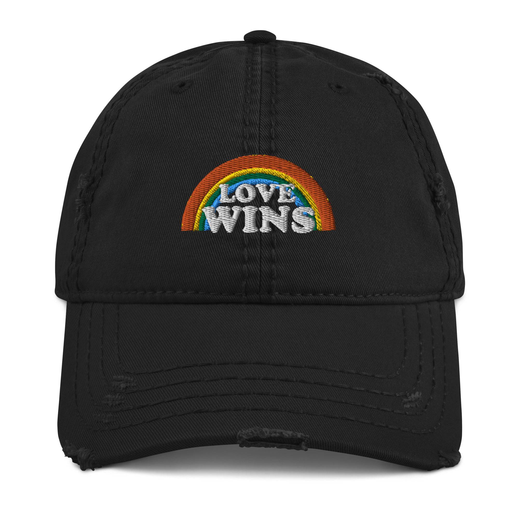 Love Wins distressed embroidered dad hat, view 3 — Rose Gold Co