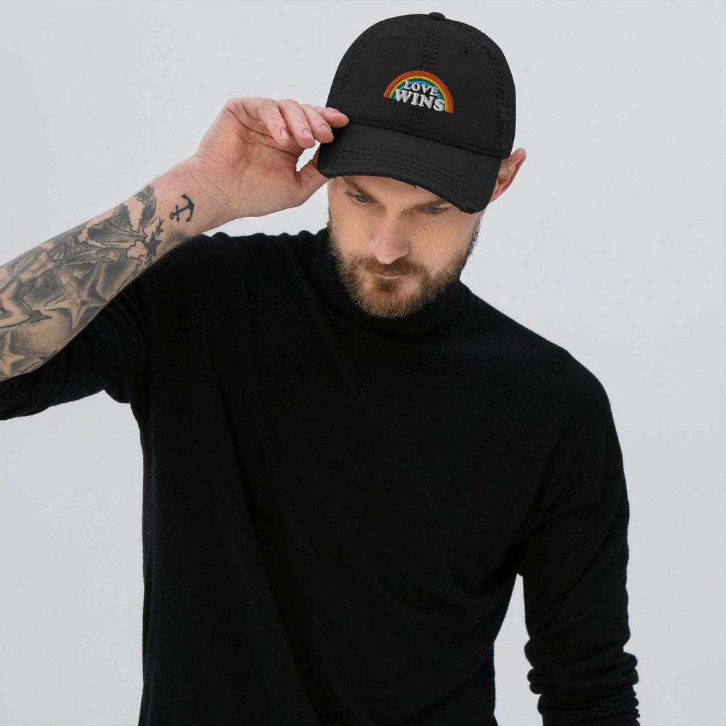 Love Wins distressed embroidered dad hat, view 4 — Rose Gold Co