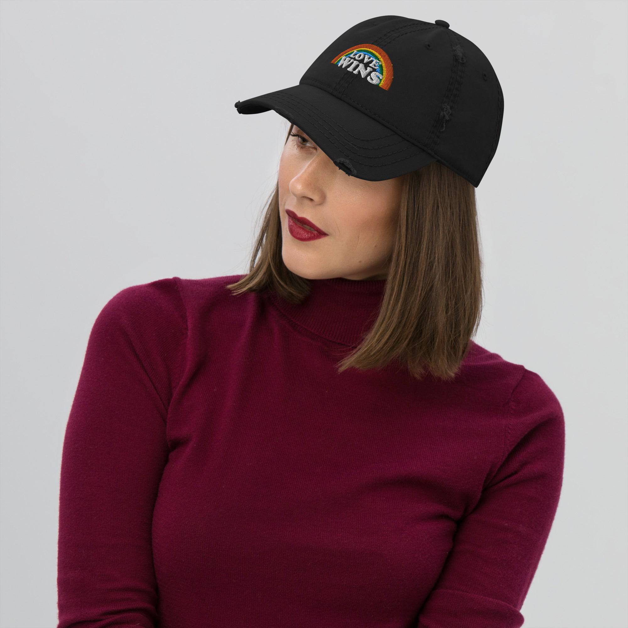 Love Wins distressed embroidered dad hat, view 5 — Rose Gold Co