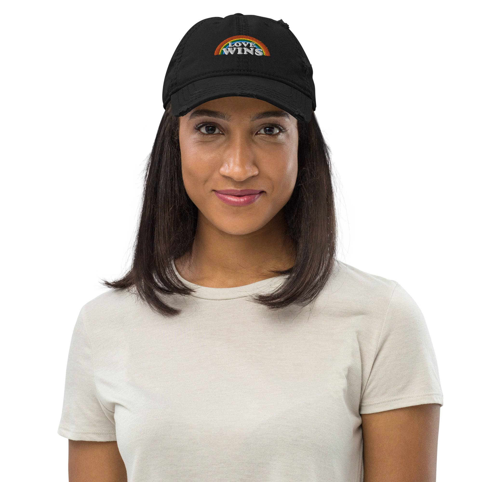 Love Wins distressed embroidered dad hat, view 7 — Rose Gold Co