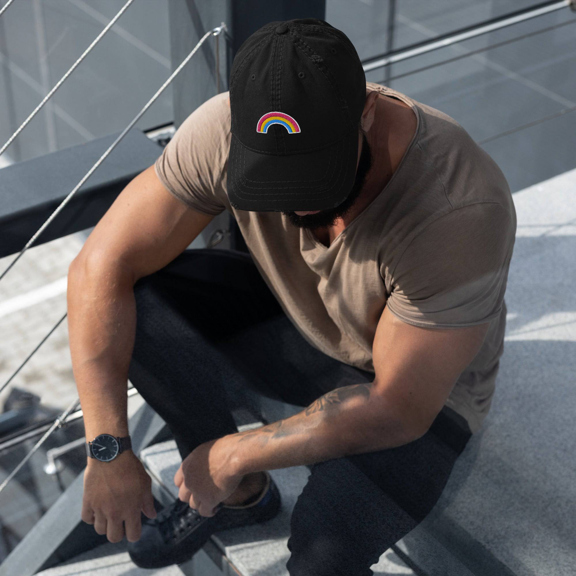 Pansexual flag distressed dad hat, view 2 — Rose Gold Co