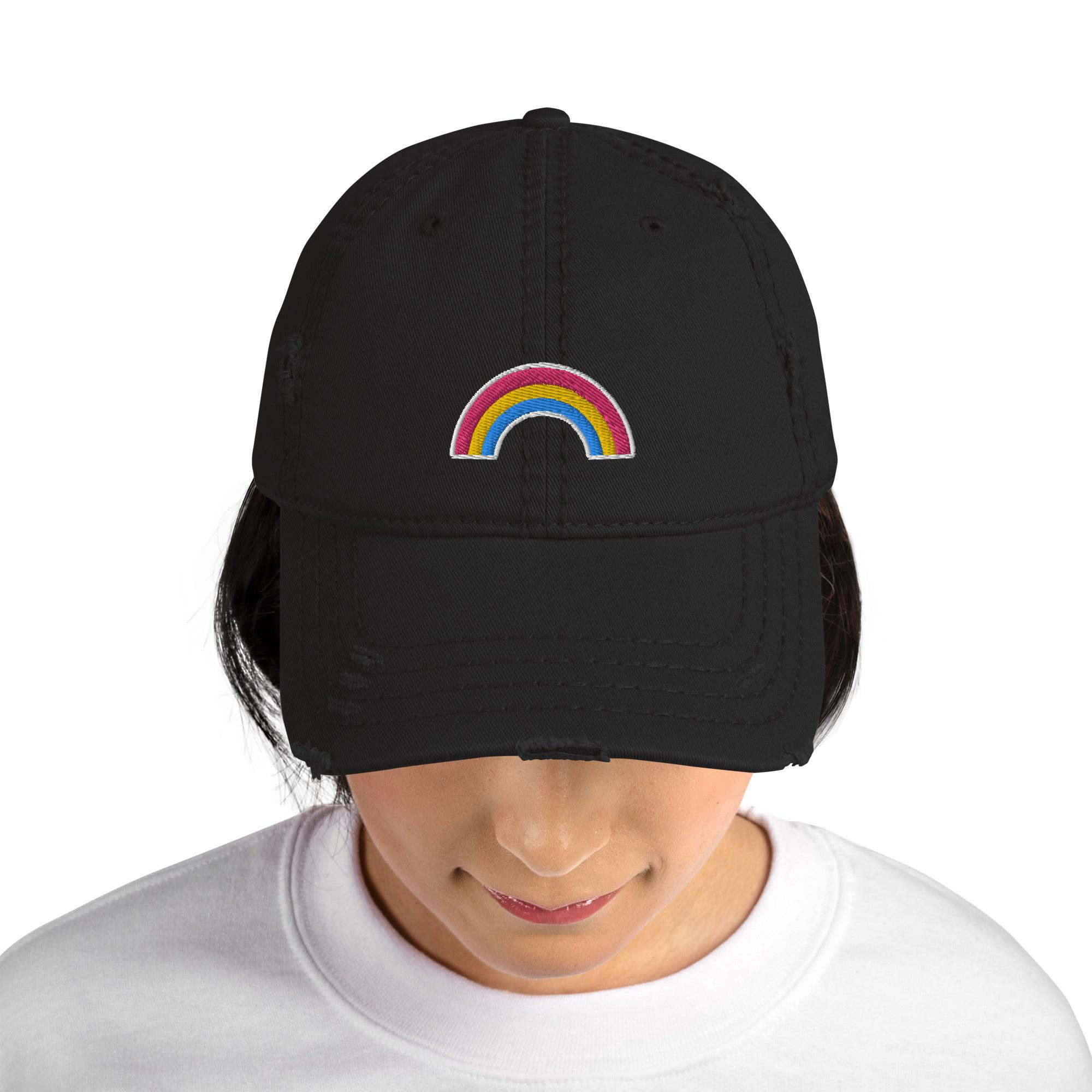 Pansexual flag distressed dad hat, view 3 — Rose Gold Co
