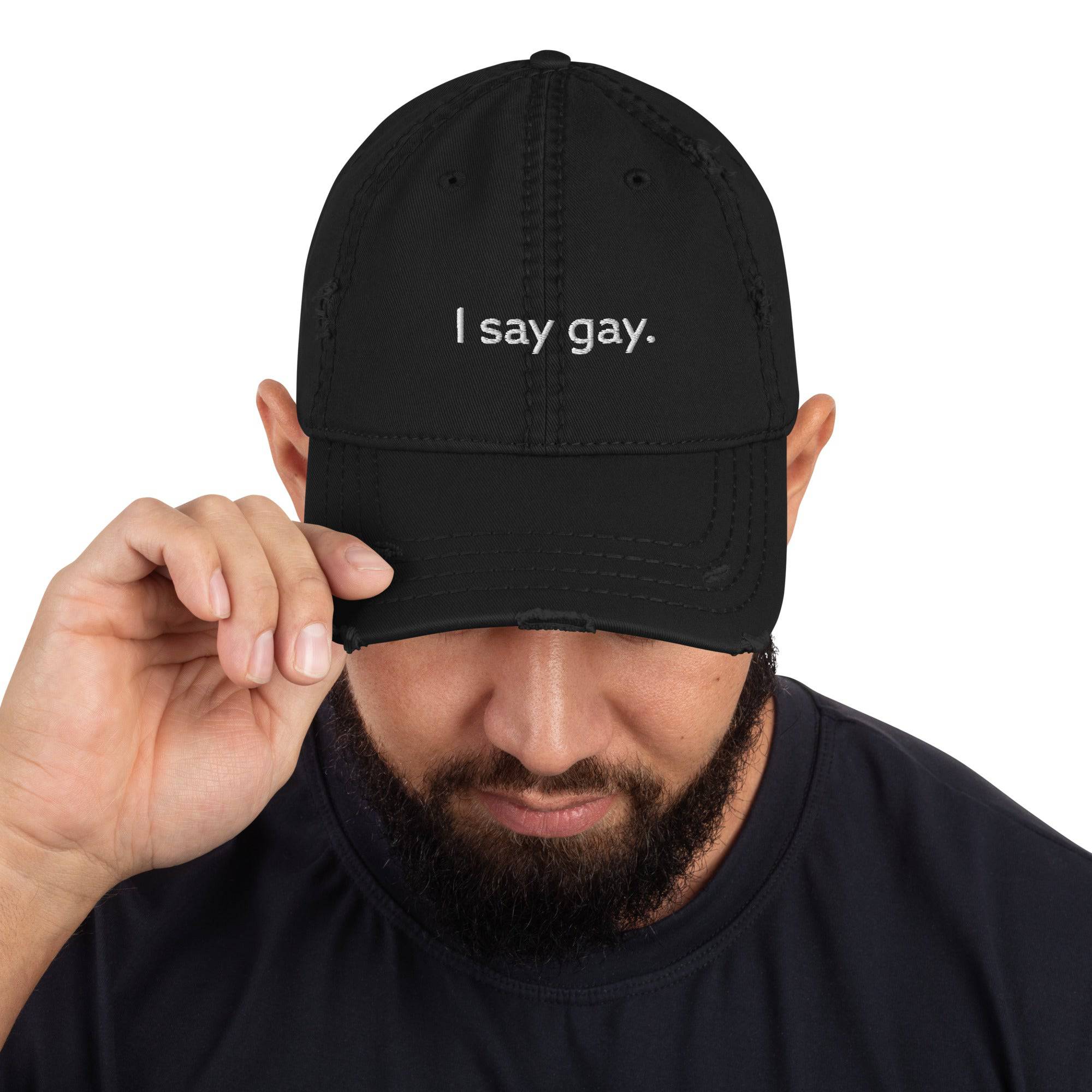 I Say Gay embroidered dad hat, front — Rose Gold Co