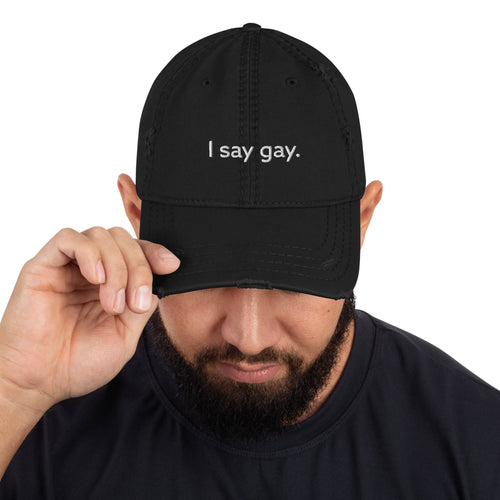 I Say Gay embroidered dad hat, front — Rose Gold Co